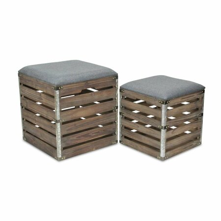 H2H Square Wood Slat Storage Bench with Metal Accent & Cushioned Lid - Set of 2 H21527707